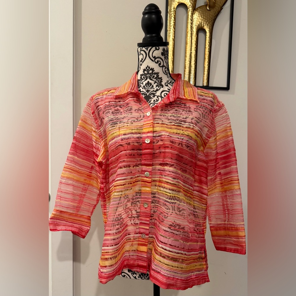 Choices Colorful Sheer Button-Up Blouse